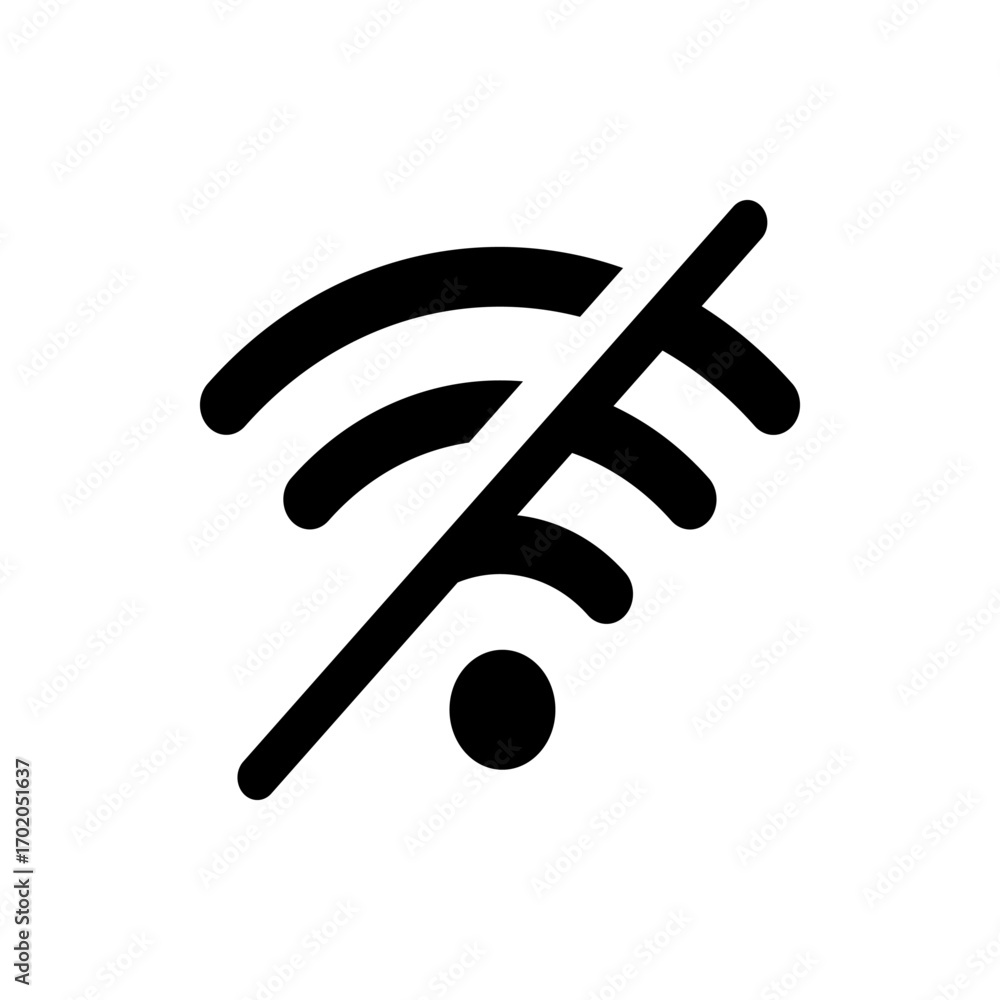Poster illustration of a black wifi symbol with a diagonal line through it indicating no wifi connection av