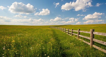 A rustic wooden fence stretches across a lush green field under a clear blue sky with fluffy white clouds, evoking a tranquil and expansive natural landscape