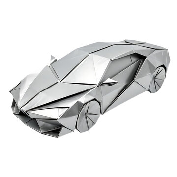 A sleek silver origami sports car with a geometric, faceted design isolated on a white background.