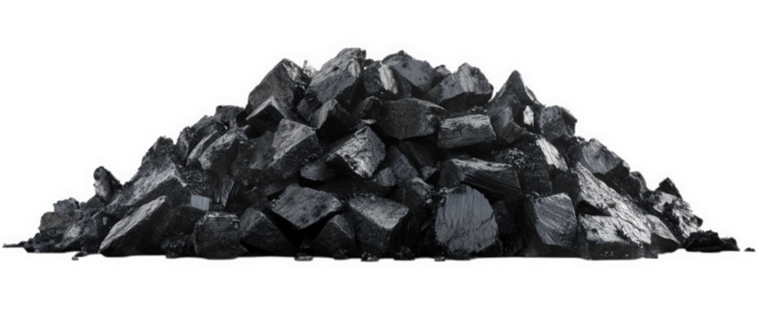 Pile of coal isolated on transparent background, a fossil fuel and energy source