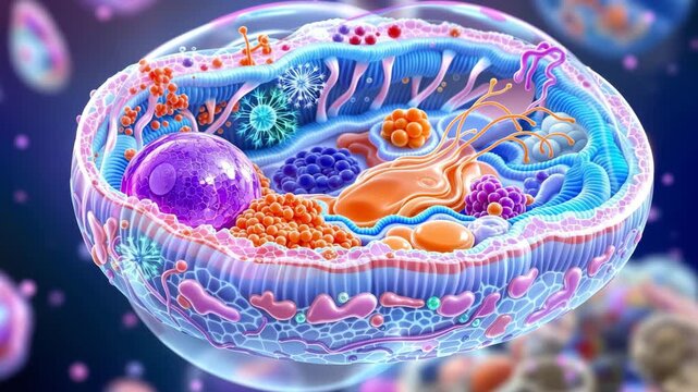 Scientific illustration of animal cell cross-section with cytoplasm and organelles