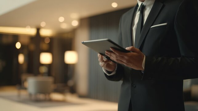 Professional Businessman Using Tablet in Modern Office Lobby for Communication and Corporate Success