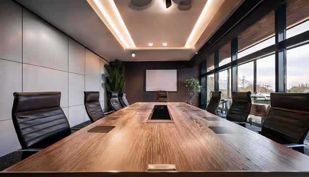 sleek and sophisticated modern office meeting room with a central briarwood table cinematic lighting and a minimalist industrial interior design