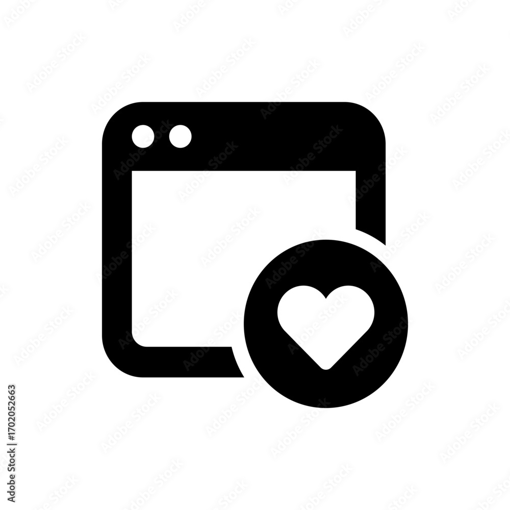 Poster black icon of a browser window with two white circles and a heart in a black circle on the bottom ri
