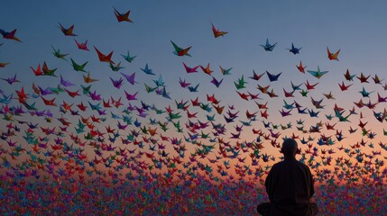 A person looking at the sky filled with hundreds of colorful origami birds.