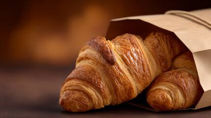 Elegant promotional shot of paper bag with croissants peeking through, crisp clean background enhancing golden tones of pastry