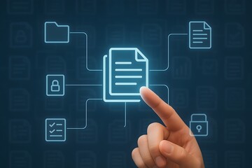 Data Management Concept: Hand Interacting with Digital File Icons, Secure Document Flow, Technology Integration