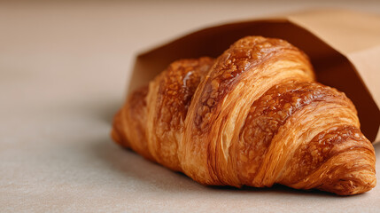 Fototapeta premium Minimalist breakfast promo image, croissant-filled paper bag centered, smooth white backdrop accentuating warm, golden pastry texture