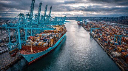 Naklejka premium Container Ship Docked at Port with Cranes and Stacks of Containers Under Overcast Sky