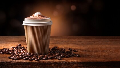 warm paper cup filled with rich hot cocoa placed on a rustic wooden table with scattered coffee beans and a cozy atmosphere ample copy space