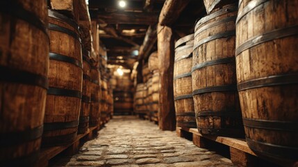 Whiskey Barrel Aging: Row of Oak Barrels in Distillery Warehouse for Spirits Maturation