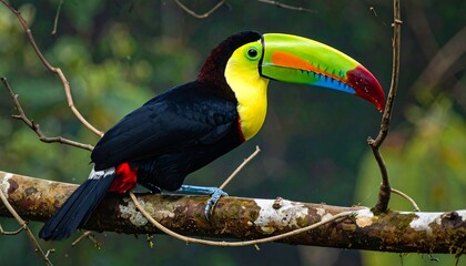 A vibrant toucan perched gracefully on a weathered branch, showcasing its striking multicolored beak and plumage against a blurred forest backdrop.