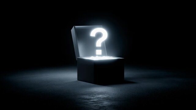 Bright question mark glowing from open black box on dark background, symbolizing mystery, surprise, curiosity, or unknown concept