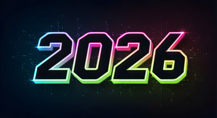 Vibrant digital rendering of the year 2026, featuring a colorful gradient and bold typography.