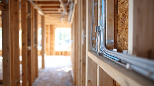 Interior wall framing with electrical conduit in place, minimal background,