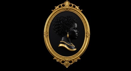 Elegant Black Woman Profile in Gold Frame: 3D Rendered Art