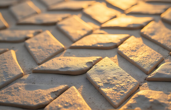 repeating dihedral stone tile pattern warm golden sunlight slight shadows highlighting intricate