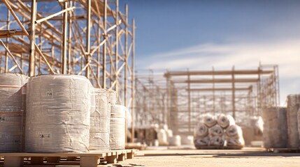 Mid-construction scene with scaffolding, rebar structure, and insulation rolls stacked nearby