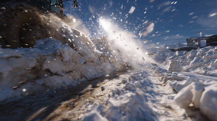 Detailed view of machine chute blasting snow and ice fragments aside, frozen ground revealed beneath the cleared path