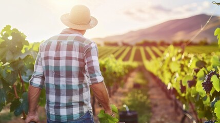 Farmer walking through sunlit vineyard rows at golden hour, rural agriculture scene