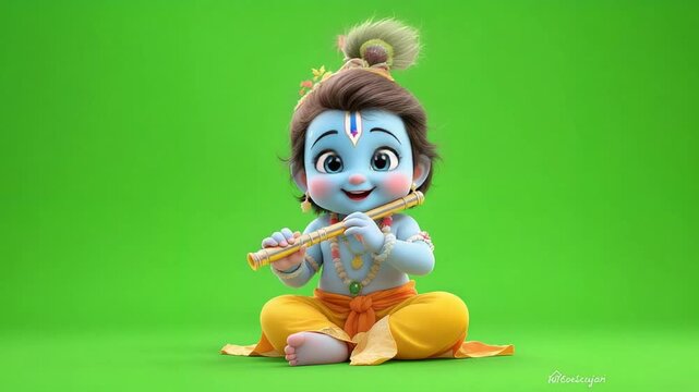 Adorable Baby Krishna Playing Flute on Green Screen - Animated Hindu Deity