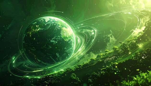 A vibrant green planet with ethereal rings circles the viewer in a captivating, otherworldly scene.