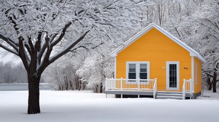 Bright canary vinyl siding brightens up a winter landscape with snow-covered trees and serene surroundings