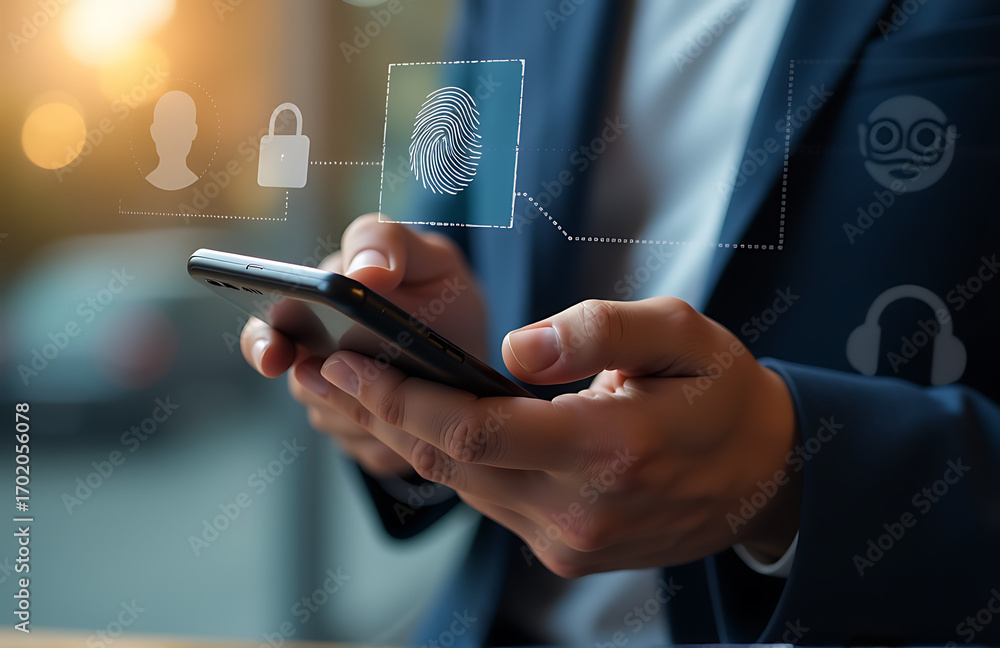 Poster man hands smartphone screen illuminated soft natural light navigates secure mobile banking app amids