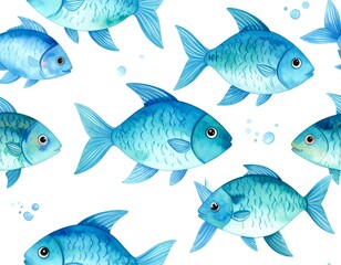 Watercolor pattern of various blue fish