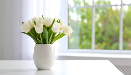 Elegant White Tulips in Vase on Table with Bright Window View.