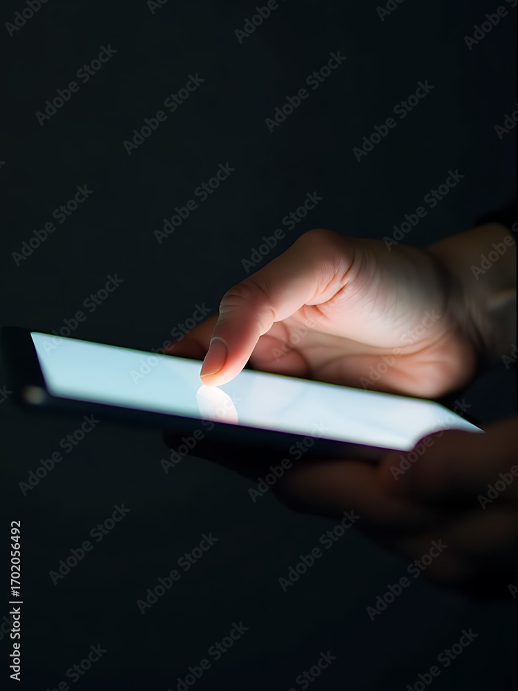 Poster hand hovering sleek digital tablet soft diffused studio light highlighting glowing screen fingers be