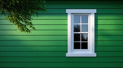 Fototapeta premium Vibrant green vinyl siding creating a refreshing atmosphere during a sunny afternoon, complemented by a charming white window and the gentle embrace of nature