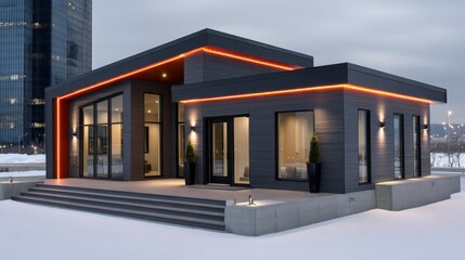 Fototapeta premium Modern commercial building showcases sleek design and illuminated features amidst a snowy urban landscape