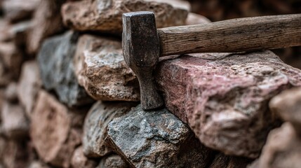 Rustic stone wall being built with natural stones and manual hammer, earthy tones