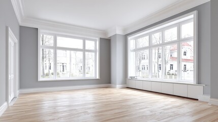 Fototapeta premium Bright and Spacious Empty Room Interior with Large Windows, Hardwood Floors, and Natural Light