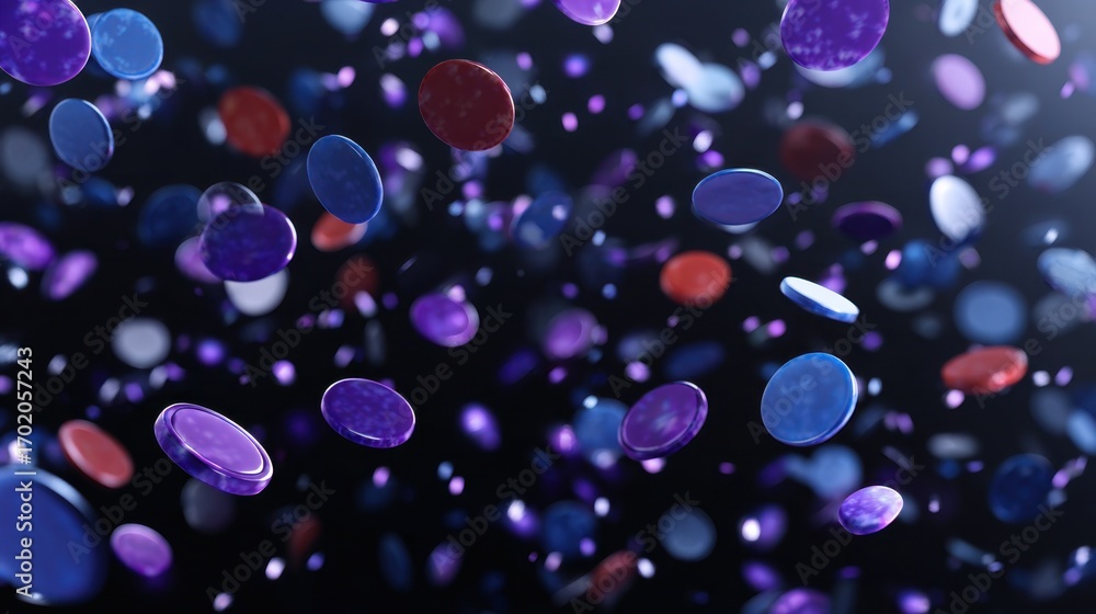 Poster colorful floating discs creating a mesmerizing display in a dark environment, showcasing vibrant hue