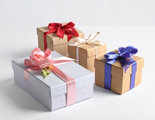 Fototapeta premium Decorative Gift Boxes with Colorful Ribbons and Floral Accent