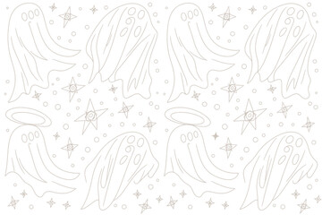 Seamless pattern featuring cartoon ghosts with halos and stars on a white background for halloween decor