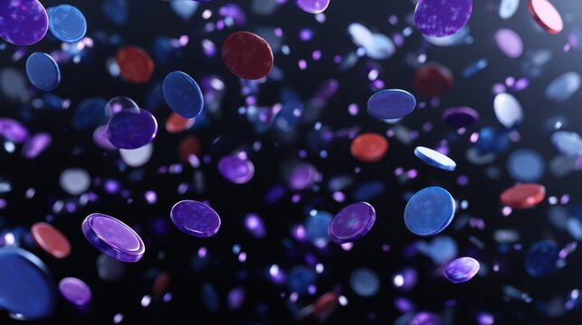 Colorful floating discs creating a mesmerizing display in a dark environment, showcasing vibrant hues of purple, red, and blue, capturing a sense of motion and depth
