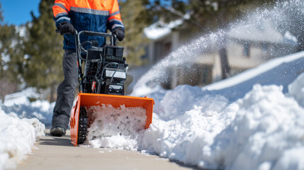 Municipal worker using snow blower on narrow sidewalk, snow spraying upward, orange jacket and reflective stripes in sharp focus, background softly blurred