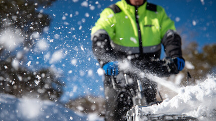 Detail of snow blower engine and spinning blades, municipal worker in high-visibility jacket seen partially, snow particles flying