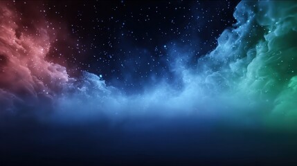 Mysterious dance of colors in a cosmic expanse revealing swirling greens and blues under a starry night, inviting contemplation and exploration. copy space, free space for text