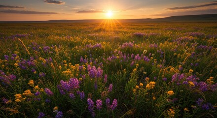 Fototapeta premium Golden Sunset Over a Wildflower Meadow A Breathtaking Nature Scene