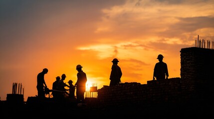Fototapeta premium Silhouette of construction team at sunset, brick wall backdrop