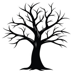 Black silhouette of a bare tree with visible roots and intricate branches