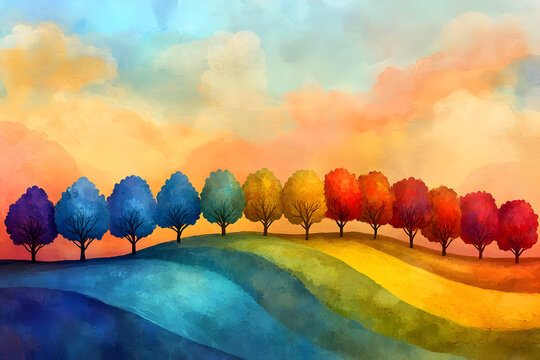 Surreal landscape with colorful trees on rolling hills at sunset