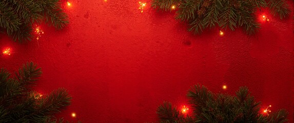 Festive red background with pine branches and soft golden bokeh lights for holiday greetings card design