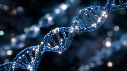 Elegant intertwined DNA helices suspended in a dark, soft-focus environment, glowing nodes marking genetic markers, highlighting ancestry