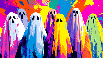 Colorful ghost figures in vibrant hues against a dynamic abstract background, creating a lively atmosphere