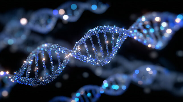 DNA strands entwined in a flowing pattern, vibrant molecular bonds glowing, abstract visualization of familial lineage and genetic history